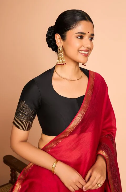 Black Classic Saree Blouse – Black & Red